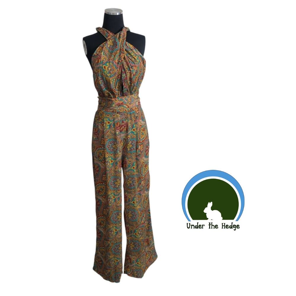 Earthbound Multi Paisley Halter Wrap Top Wide Leg Jumpsuit Size Small boho o2